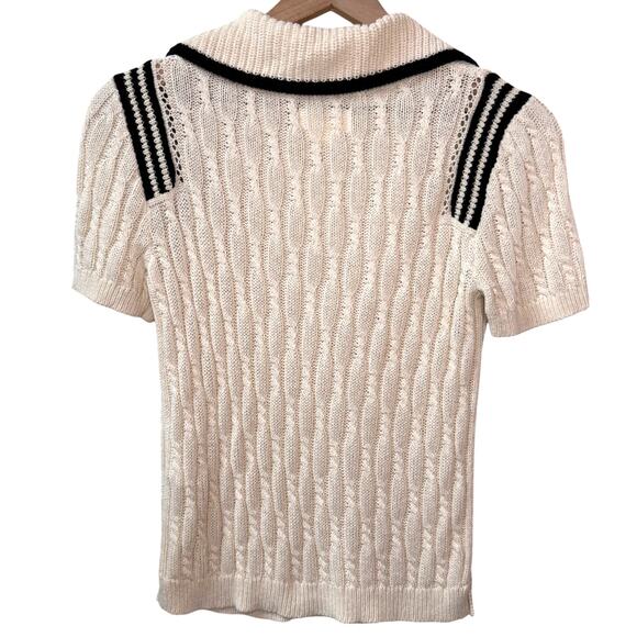 EUC Maeve Cable-Knit Polo Sweater Tee Size S Cream Linen Stripes Preppy Tennis - Picture 5 of 10